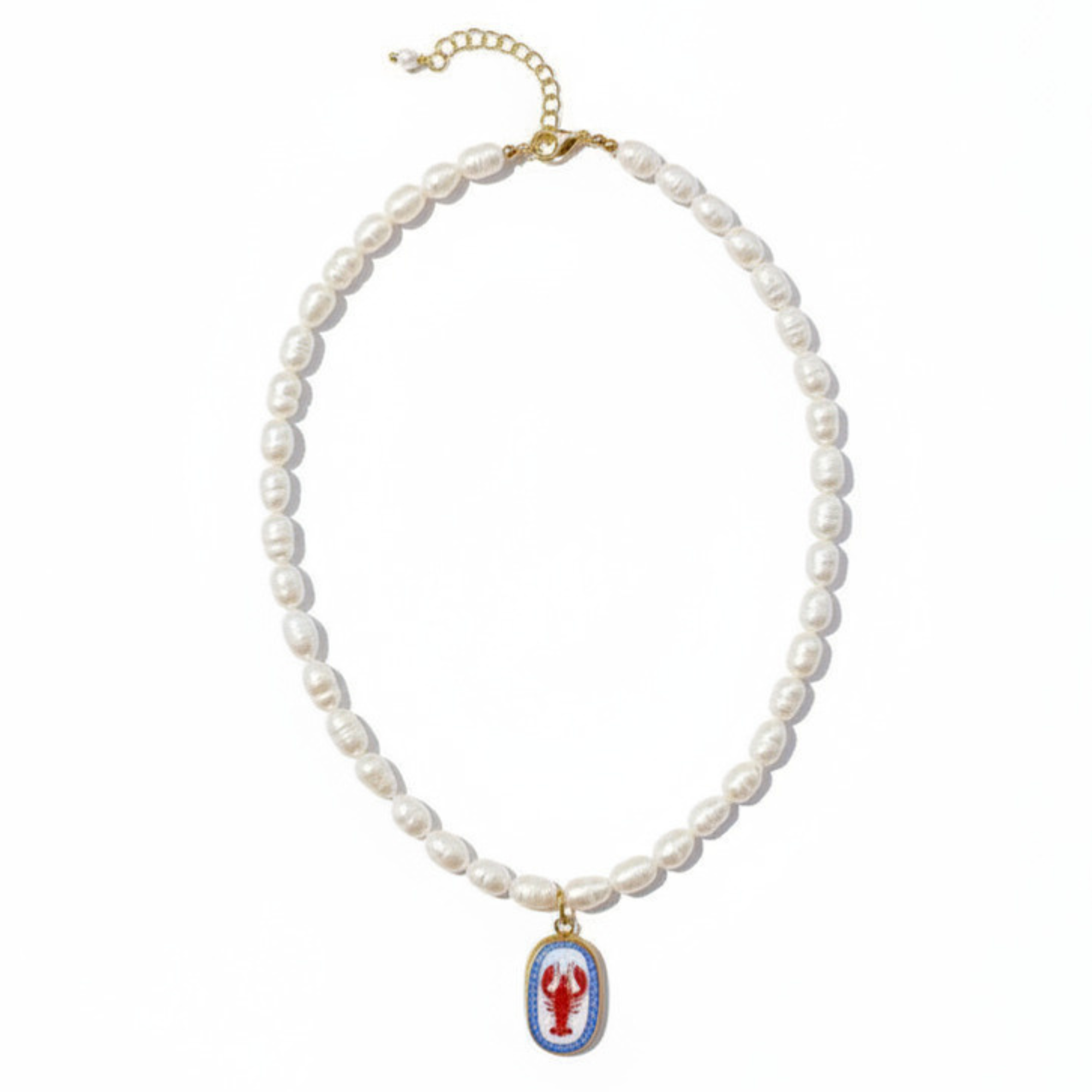Pearl necklace with a decorative loster pendant on a white background