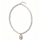 Pearl necklace with a decorative golden retriever pendant on a white background