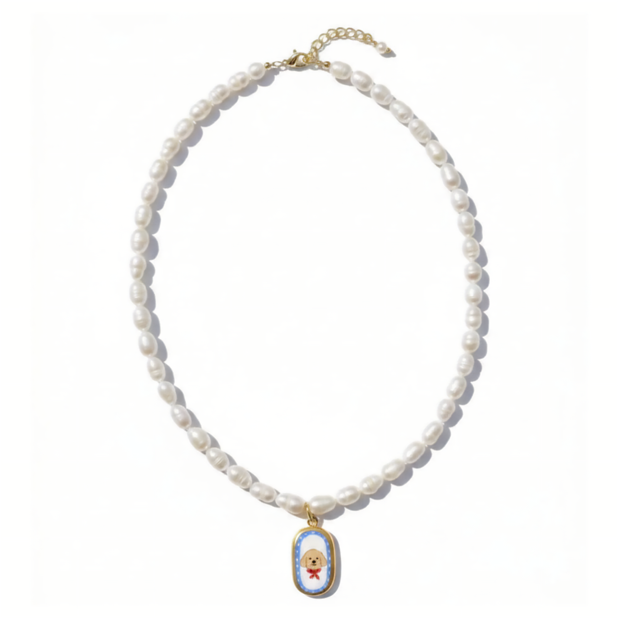 Pearl necklace with a decorative golden retriever pendant on a white background