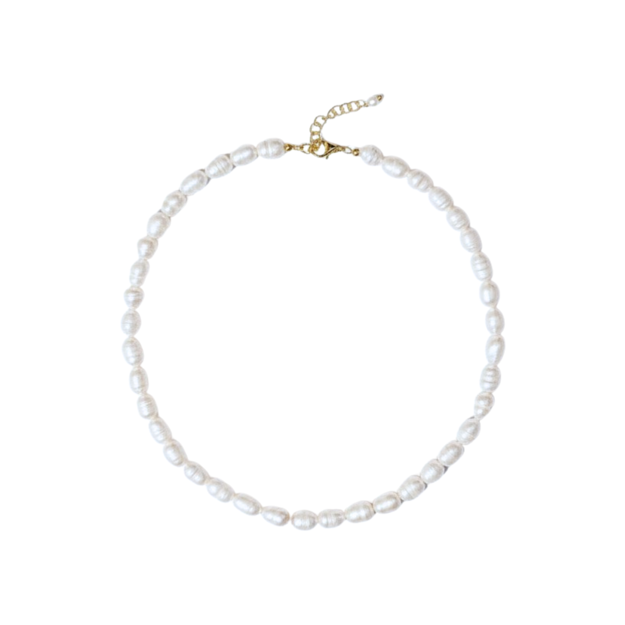 Pearl necklace with a gold clasp on a white background